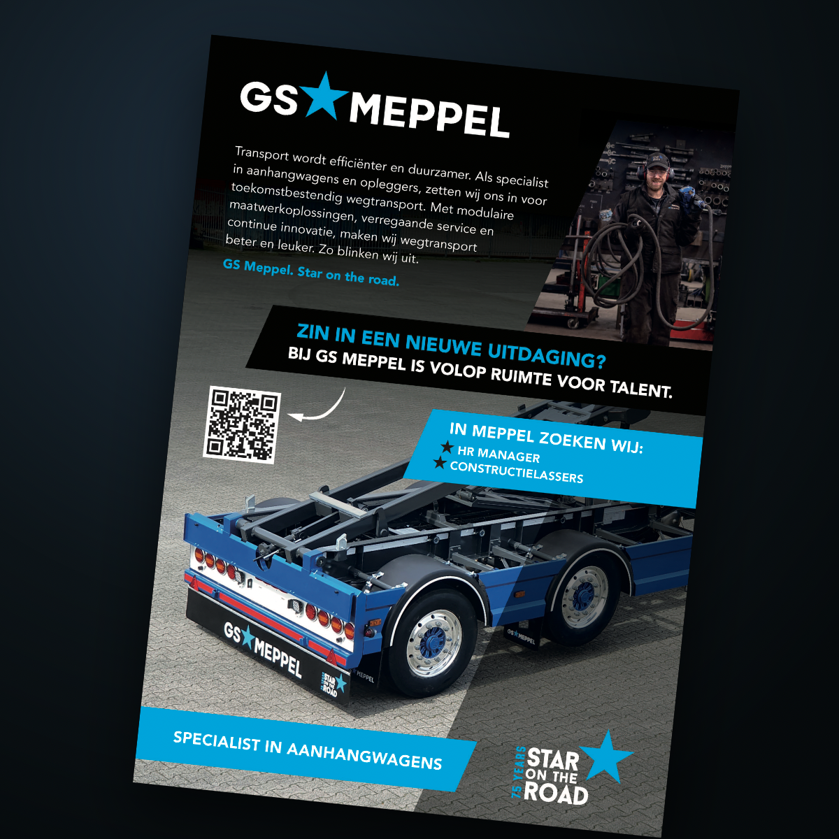 Wervingsadvertentie van GS Meppel met een aanhangwagen en de tekst 'Star on the Road'